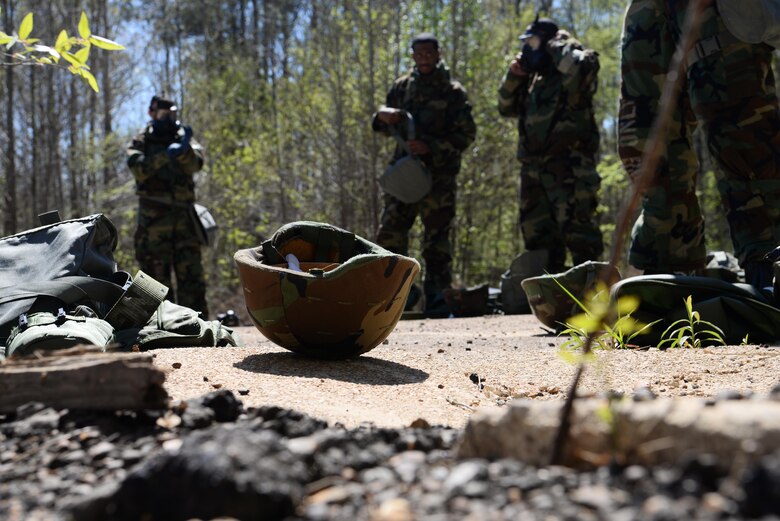 Airmen suit up to enter the Blaze Arena gas mask confidence chamber March 28, 2019, on Columbus Air Force Base, Miss. The Airmen volunteered as a way to boost the efficiency and readiness of the total battle force at Columbus AFB. (U.S. Air Force photo by Airman 1st Class Jake Jacobsen)
