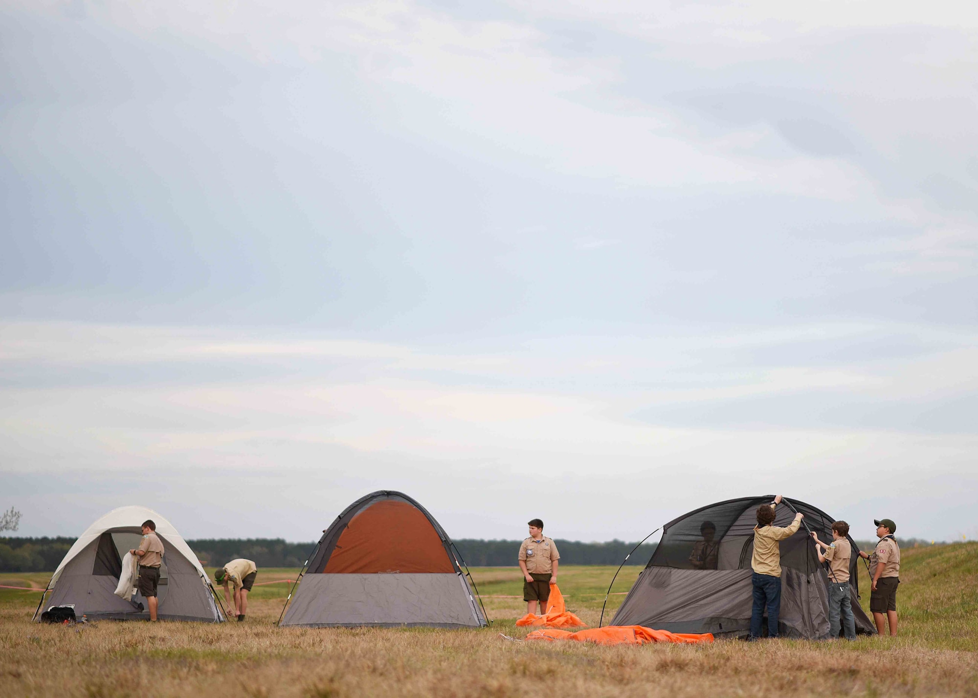Scouts, Boy Scouts of America members pitch their tents March 29, 2019, on Columbus Air Force Base, Mississippi. Scouts from the local area spent three days and two nights on Columbus AFB camping and touring facilities. (U.S. Air Force photo by Airman 1st Class Keith Holcomb)