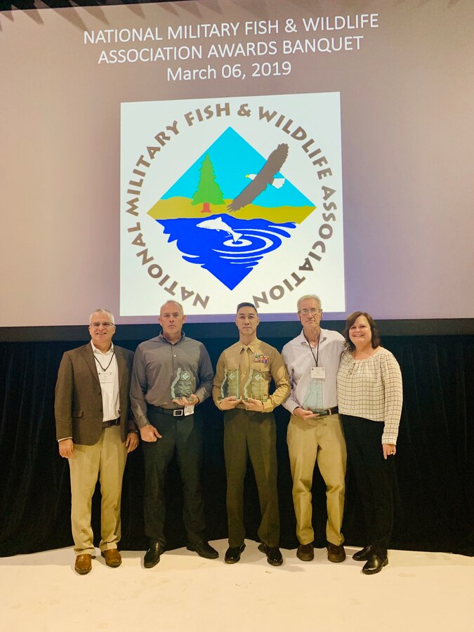 Marine Corps Air Ground Combat Center Environmental Affairs attended the 2019 National Military Fish and Wildlife Association (NMFWA) Awards Banquet in Denver, Co. NMFWA connects, educates, supports, and advocates for natural resources professionals across the Department of Defense  to protect and enhance the military mission through sustainable resource conservation. (Courtesy Photo by Environmental Affairs)