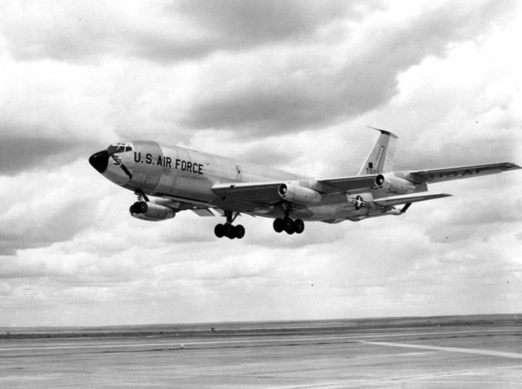 A brand new KC-135 Stratotanker, Tail number 55-3127, takes off from Larson Air Force Base, Washington, June 28, 1957, on its way to Castle AFB, Washington. This was the first KC-135 delivered to the legacy Strategic Air Command. It underwent company tests and Air Force acceptance flights at Larson AFB prior to its assignment with the 93rd Air Refueling Squadron. (U.S. Air Force Courtesy Photo)