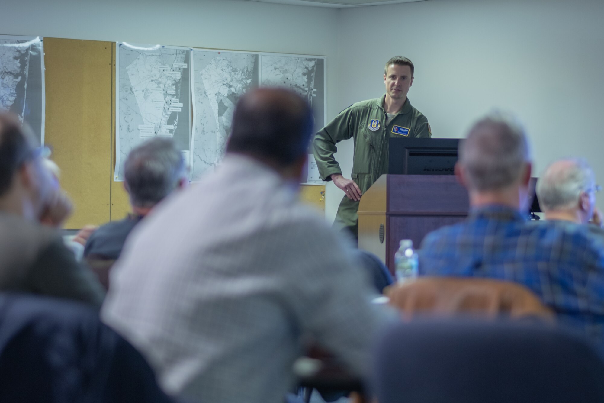 U.S. Air Force Capt. Dave Izard, a C-17 Globemaster III pilot with the 732nd Airlift Squadron, 514th Air Mobility Wing, briefs civilian aviators and interest groups about mid-air collision aviodance at Ocean County Airport, N.J., April 4, 2019. The 514th is an Air Force Reserve Command unit located at Joint Base McGuire-Dix-Lakehurst, N.J. (U.S. Air Force photo by Staff Sgt. Michael Hong)