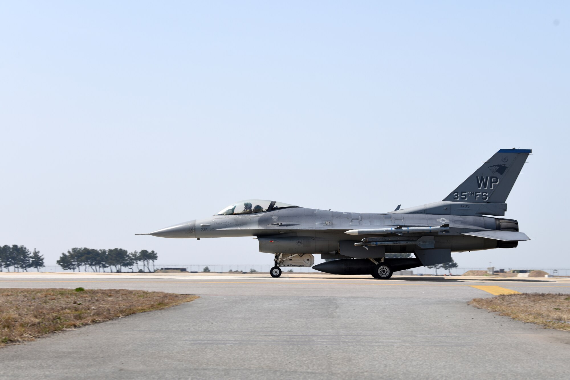 A 35th Fighter Squadron F-16 Fighting Falcon taxis during Buddy Squadron training event at Kunsan Air Base, Republic of Korea, March 28, 2019. Buddy Squadron, which is held multiple times a year, aims to enhance the abilities for U.S. and Republic of Korea Air Forces to integrate with each other. (U.S. Air Force photo by Senior Airman Savannah L. Waters)