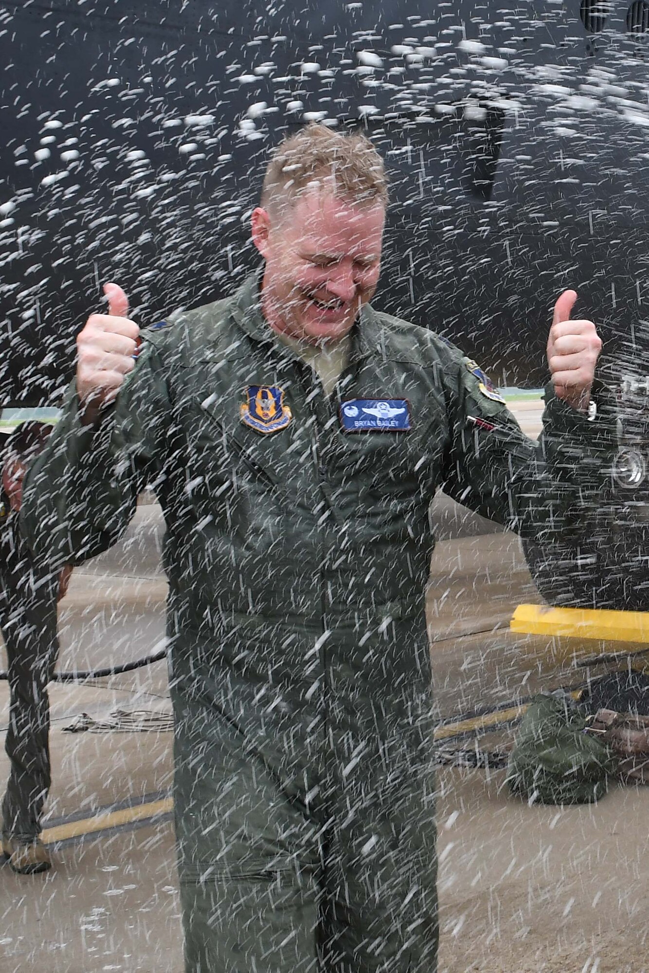 U.S. Air Force Col. Robert VanHoy, 307th Bomb Wing commander, and Lt. Col. Bryan Bailey, 93rd Bomb Squadron commander, made their final flight at Barksdale Air Force Base, Louisiana, April 4, 2019.  They are scheduled to  relinquish command of their respective units during the April unit training assembly. (U.S. Air Force photo by Master Sgt. Ted Daigle)