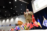 U.S. Army Brig. Gen. Chris Lawson, National Guard Bureau vice director, Strategy, Plans, Policy, and International Affairs, speaks with more than 100 attendees of the State Partnership Program workshop, April 2, 2019, at the Air National Guard’s training and education center on McGhee Tyson Air National Guard Base in East Tennessee.