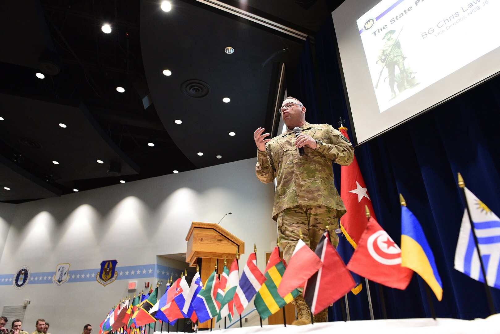 U.S. Army Brig. Gen. Chris Lawson, National Guard Bureau vice director, Strategy, Plans, Policy, and International Affairs, speaks with more than 100 attendees of the State Partnership Program workshop, April 2, 2019, at the Air National Guard’s training and education center on McGhee Tyson Air National Guard Base in East Tennessee.