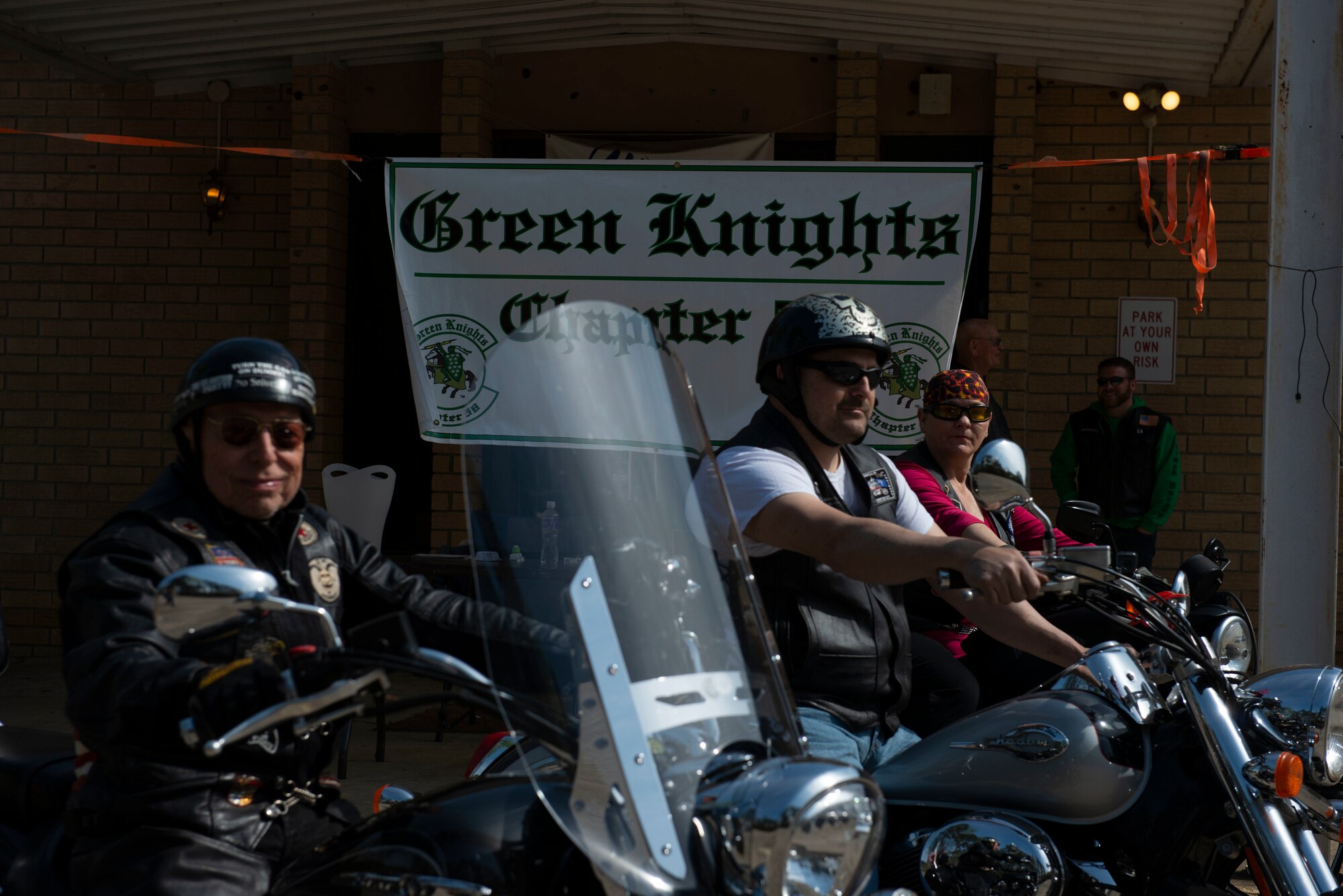 Green Knights Military Motorcycle Club riders line up for their ride through Sumter, S.C., March 30, 2019.