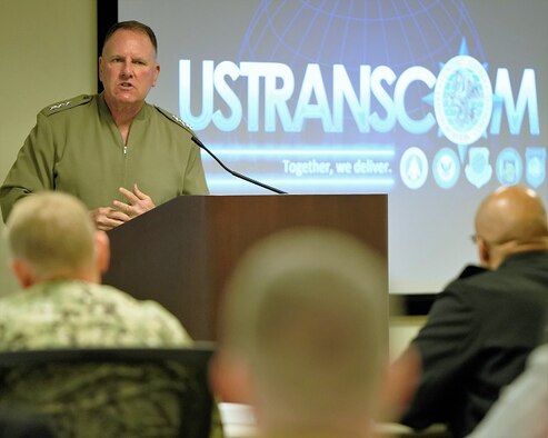 U.S. Marine Corps Lt. Gen. John Broadmeadow, deputy commander, U.S. Transportation Command, addressed members of the Global Patient Movement Joint Advisory
Board April 2 at the Scott Air Force Base, Illinois, Force Flow Conference Center.