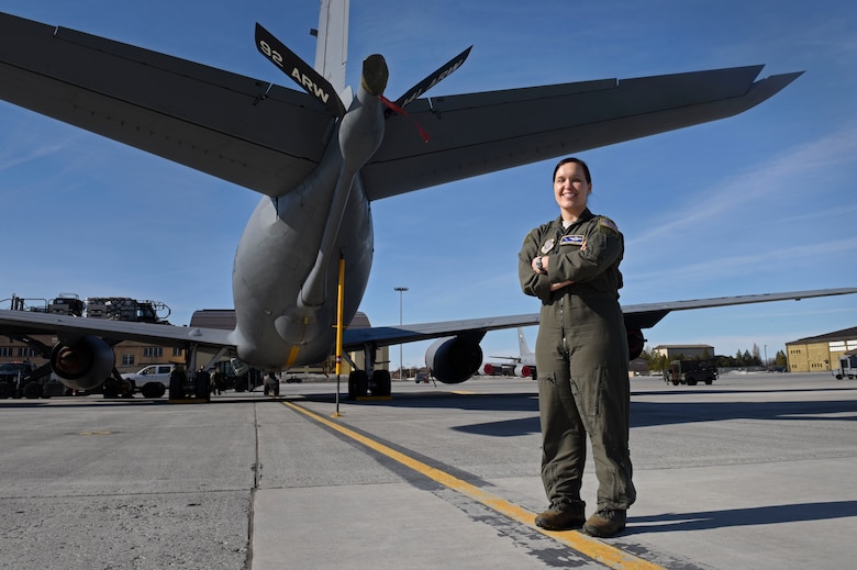 U.S. Air Force Chief Master Sgt. Andrea Inmon, 92nd Operations Group chief enlisted manager, poses in the back of a KC-135 Stratotanker at Fairchild Air Force Base, Washington, March 21, 2019. Inmon’s grit led her to accomplish many enlisted milestones, including becoming the first female active-duty chief master sergeant boom operator in the Air Force. (U.S. Air Force photo by Senior Airman Jesenia Landaverde)
