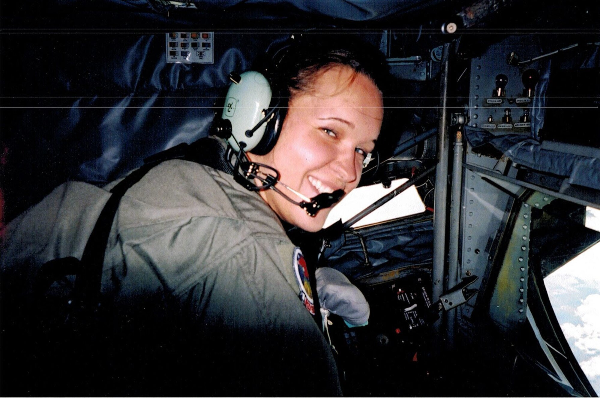 U.S. Air Force Chief Master Sgt. Andrea Inmon, 92nd Operations Group chief enlisted manager, poses for a photo after completing in-flight refueling. Inmon graduated technical training in April 2002 and was assigned to the KC-135 Stratotanker. During her 17-year career, she has completed over 3,000 flight hours. (Courtesy Photo)