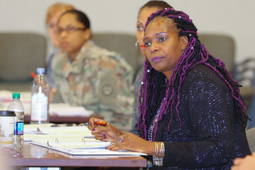 Robin Thompson, a paralegal specialist at the Command Judge Advocate Office for Area Support Group–Kuwait, U.S. Army Central, participates in a class discussion during the Equal Employment Opportunity Counselor Course at USARCENT headquarters on Shaw Air Force Base, S.C., March 26, 2019.