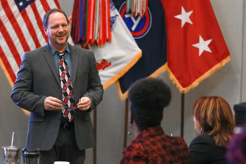 Barry R. DuBois, the program manager for the Equal Employment Opportunity Program at Fort Drum, N.Y., briefs the class during the Equal Employment Opportunity Counselor Course at U.S. Army Central headquarters on Shaw Air Force Base, S.C., March 27, 2019.