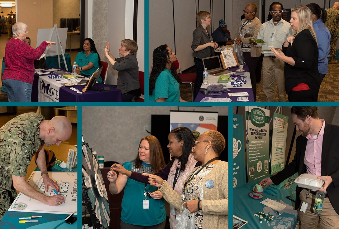 Collage of pictures from the information fair to include a person signing a poster, participants spinning a promotional wheel and associates talking to booth represenatives