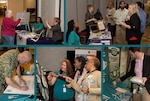 Collage of pictures from the information fair to include a person signing a poster, participants spinning a promotional wheel and associates talking to booth represenatives