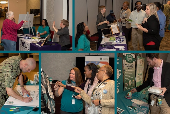 Collage of pictures from the information fair to include a person signing a poster, participants spinning a promotional wheel and associates talking to booth represenatives