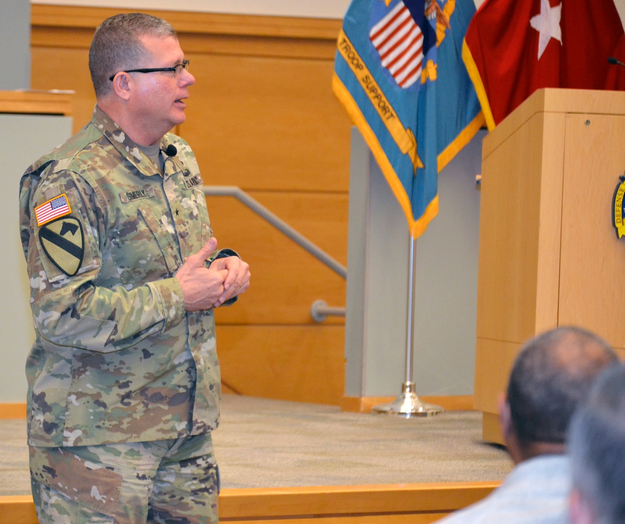 Army Brig. Gen. Mark Simerly, DLA Troop Support commander, speaks to new Pathways to Career Excellence employees during a town hall at DLA Troop Support March 4, 2019 in Philadelphia.