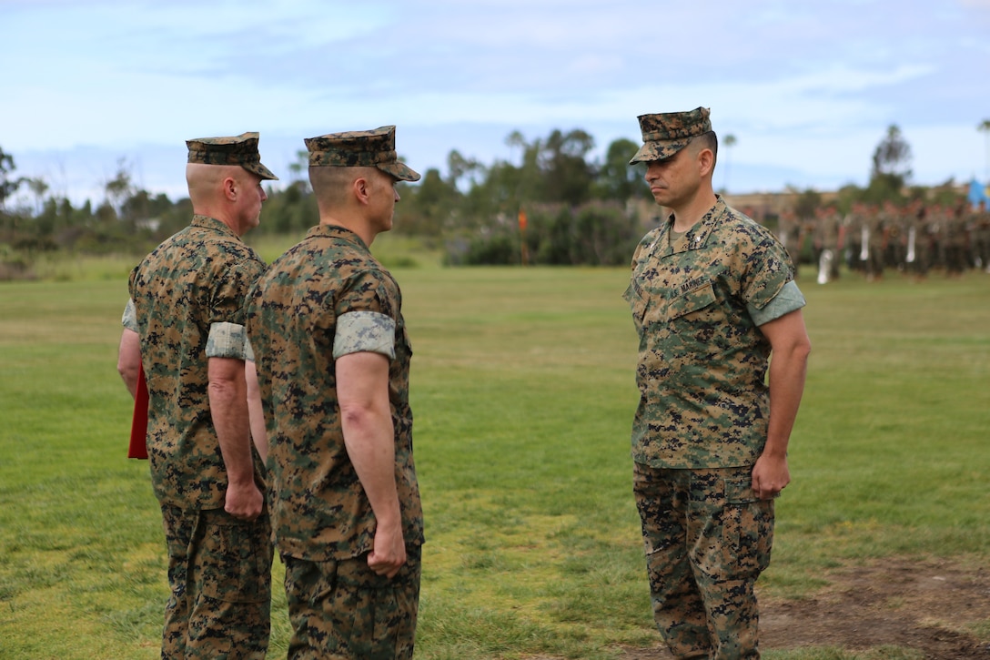 Lt. Col. Giuseppe A. Stavale, former provost marshal for Marines Corps Air Station Miramar (MCAS), stands at attention during his retirement ceremony at MCAS Miramar, Calif., April 3. Stavale retired after 30 years of honorable and faithful service in the Marine Corps. (U.S. Marine Photo by Lance Cpl. Cheng Chang)