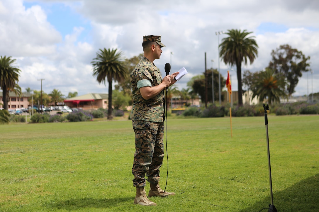 Lt. Col. Giuseppe A. Stavale, former provost marshal for Marines Corps Air Station Miramar, thanks family and friends for their support throughout his career at MCAS Miramar, Calif., April 3. Stavale retired after 30 years of honorable and faithful service in the Marine Corps. (U.S. Marine Photo by Lance Cpl. Cheng Chang)