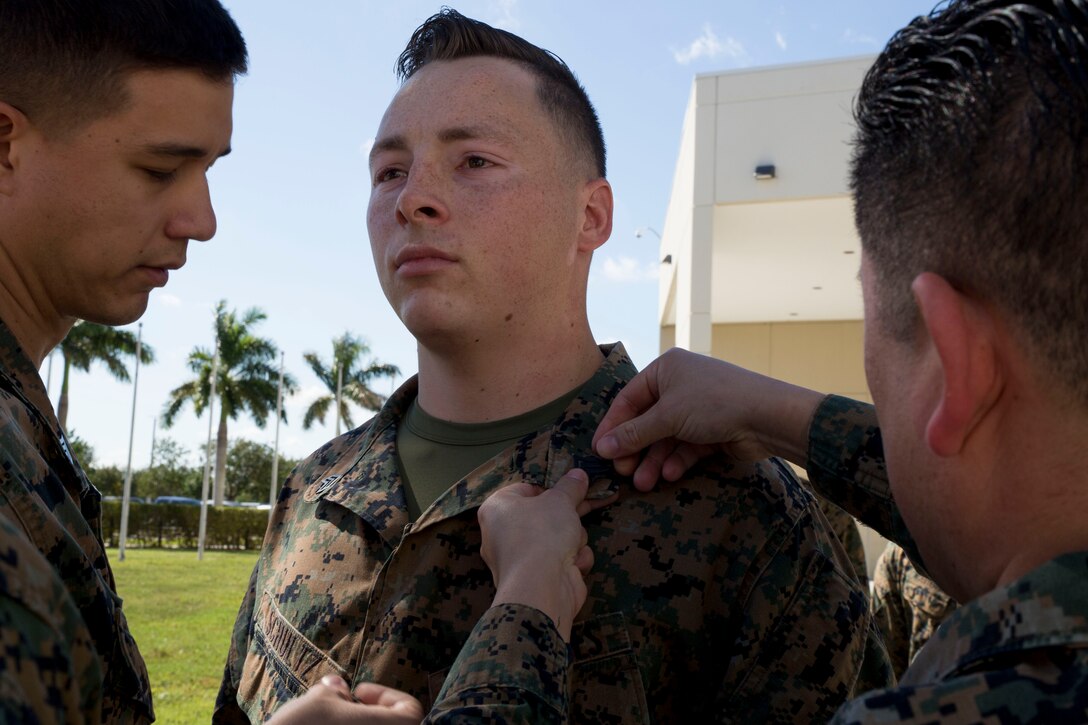 Sgt. Samuel Schultz is promoted to sergeant at U.S. Southern Command, Doral, Fla., Jan. 7, 2019.
