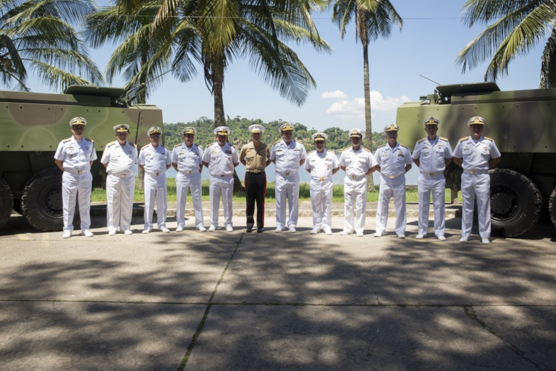 Military leaders from the U.S., Brazil, Peru, Chile, and Mexico take a group photo after a tour of the Instruction Center Admiral Silvio de Camargo in Rio de Janeiro, Brazil, March 8, 2019.