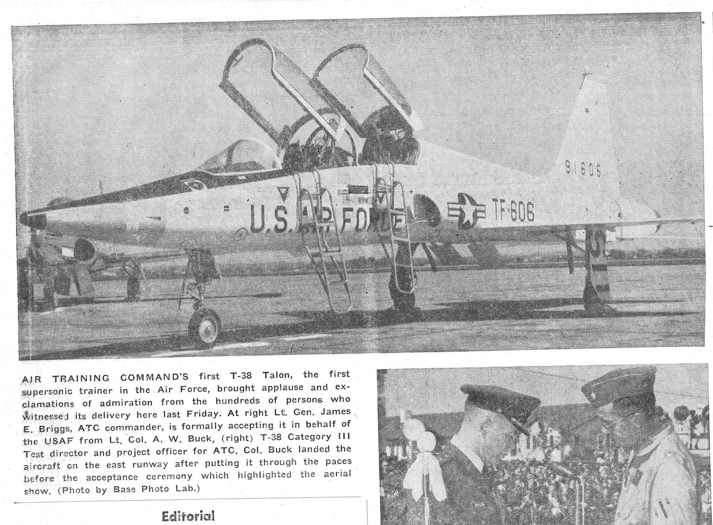 A scanned image from the Wingspread published in 1961 with a photo of the first T-38 to arrive at Randolph Air Force Base, Texas.