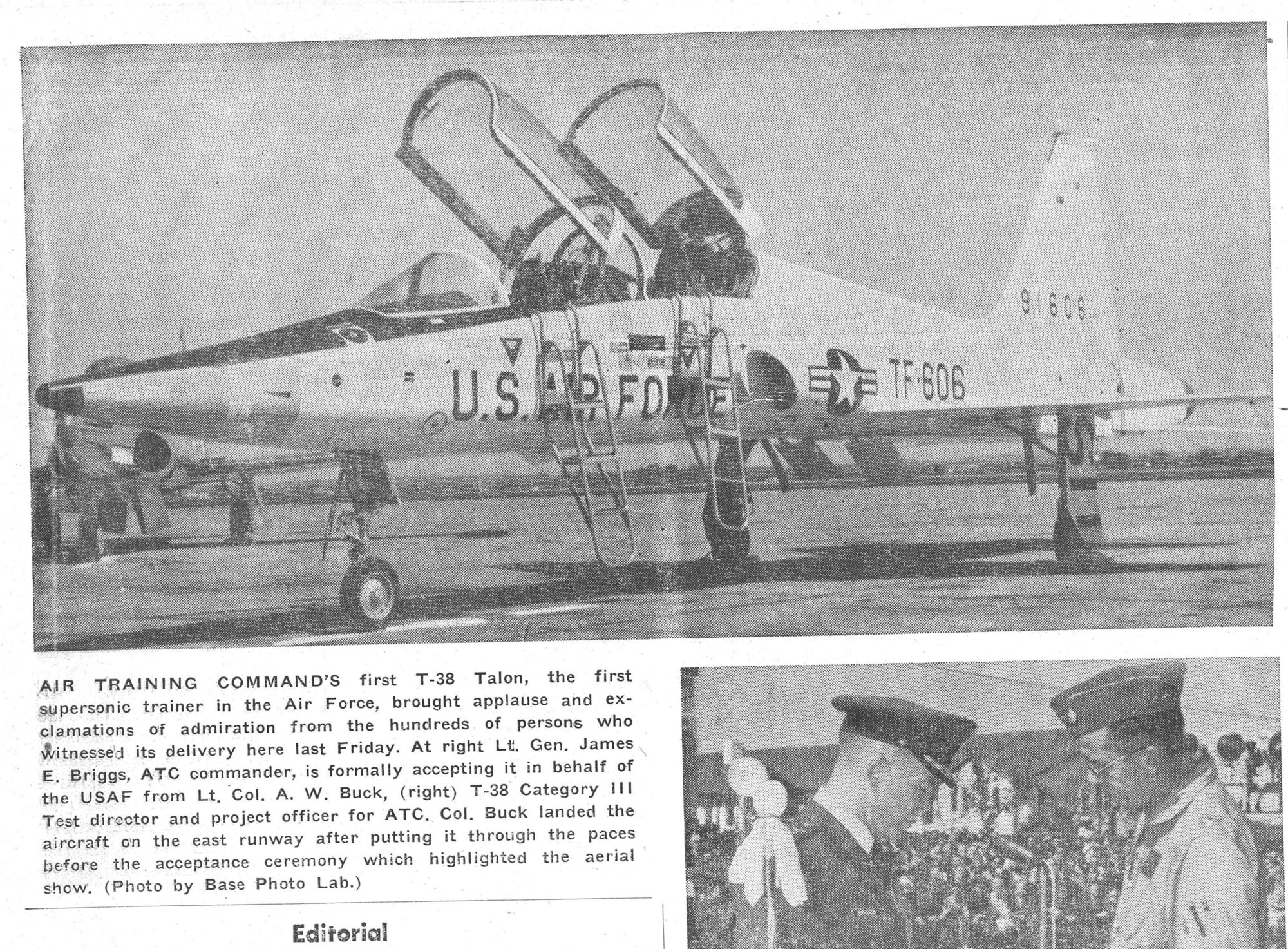 A scanned image from the Wingspread published in 1961 with a photo of the first T-38 to arrive at Randolph Air Force Base, Texas.