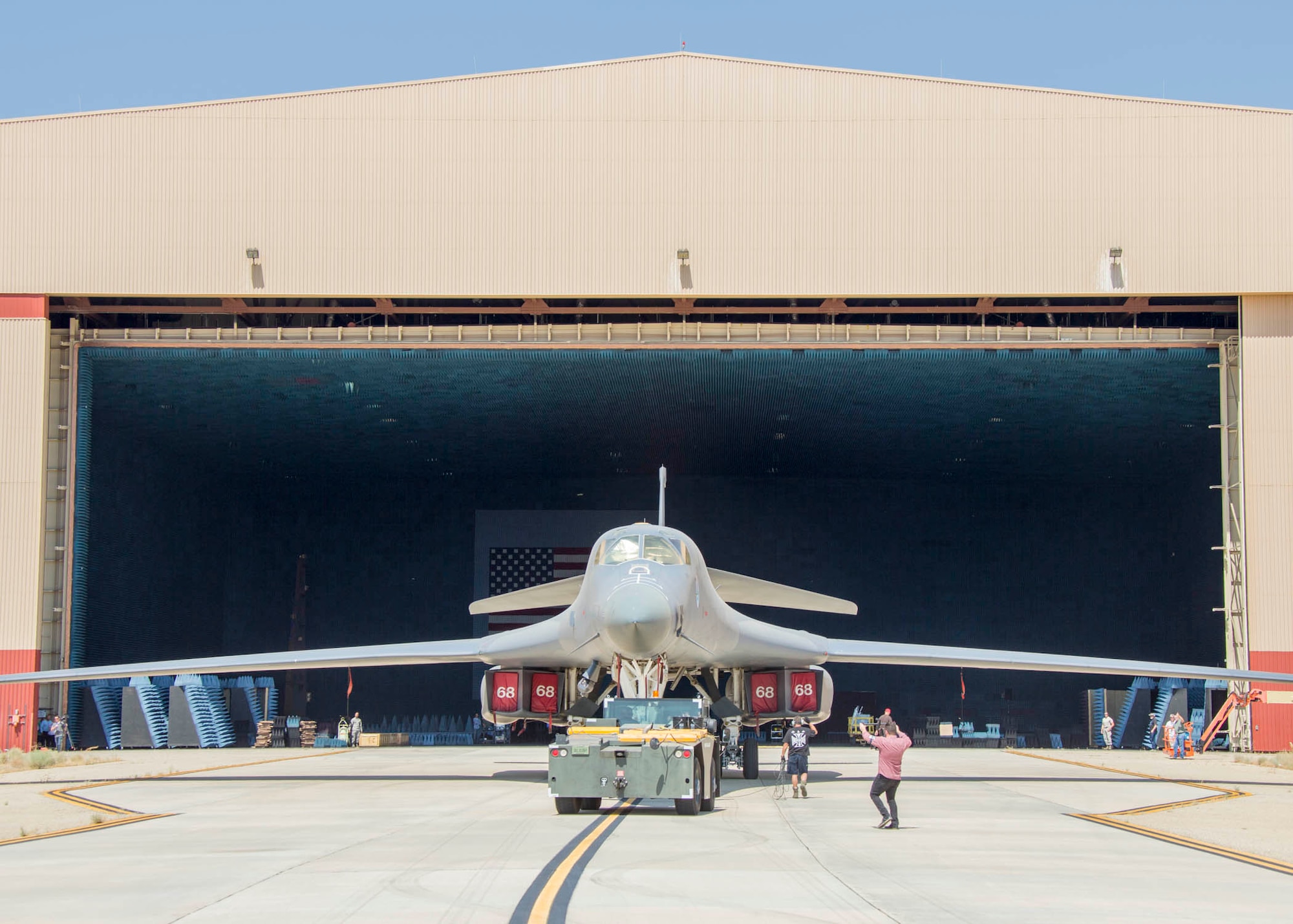 A B-1 Lancer is positioned inside the Benefield Anechoic Facility on Edwards Air Force Base, California, in preparation for a series of electronic warfare tests, July 27, 2016. The BAF provides a "free space" for engineers to conduct electronic warfare tests without external radio frequency interference. (U.S. Air Force photo by Christopher Okula)