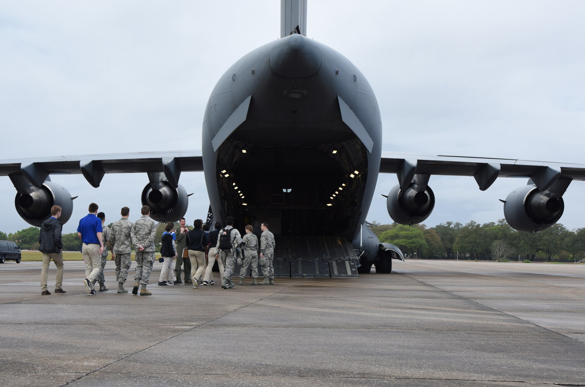 Air Force ROTC cadets board a C-17 Globemaster III for a tour during the fifth annual Pathways to Blue on Keesler Air Force Base, Mississippi, April 5, 2019. Pathways to Blue is a diversity outreach event hosted by Second Air Force with the support of the 81st Training Wing and the 403rd Wing. More than 250 cadets from 12 different colleges and universities were provided hands-on demonstrations of various career fields. (U.S. Air Force photo by Kemberly Groue)