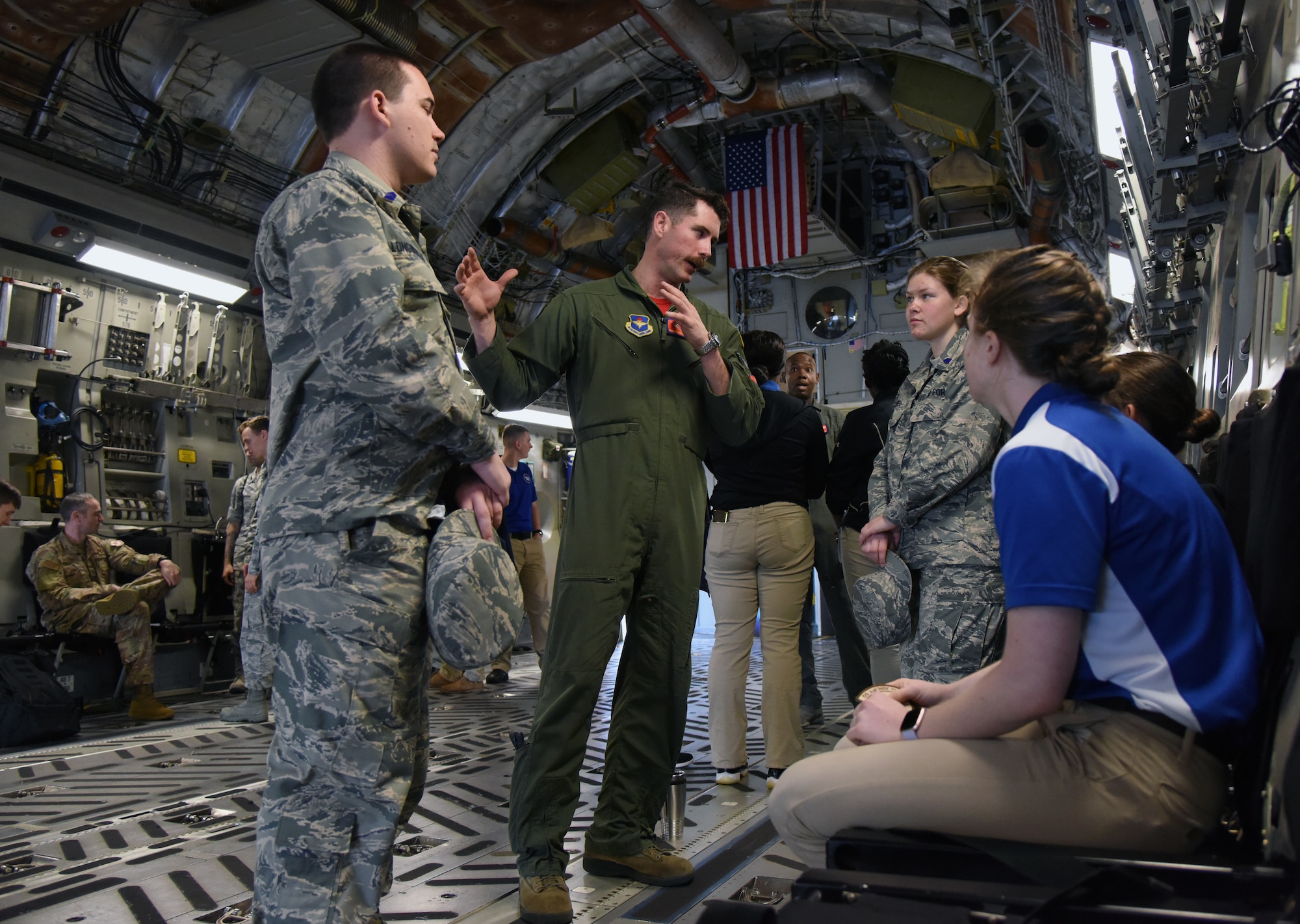 U.S. Air Force Capt. Andrew Mazzarelli, 58th Airlift Squadron tactics flight commander, Altus Air Force Base, Oklahoma, briefs on the capabilities of a C-17 Globemaster III to Air Force ROTC cadets during the fifth annual Pathways to Blue on Keesler Air Force Base, Mississippi, April 5, 2019. Pathways to Blue is a diversity outreach event hosted by Second Air Force with the support of the 81st Training Wing and the 403rd Wing. More than 250 cadets from 12 different colleges and universities were provided hands-on demonstrations of various career fields. (U.S. Air Force photo by Kemberly Groue)
