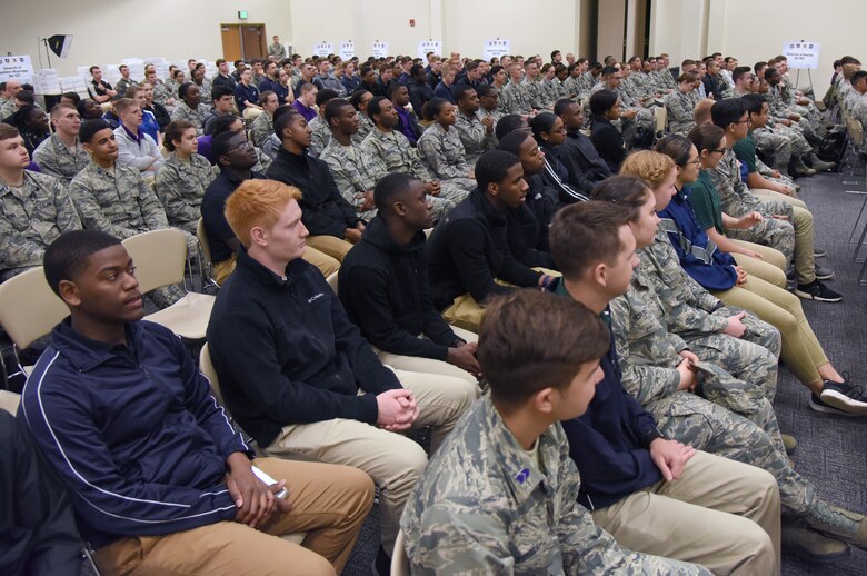 Air Force ROTC cadets attend a senior enlisted panel during the fifth annual Pathways to Blue on Keesler Air Force Base, Mississippi, April 5, 2019. Pathways to Blue is a diversity outreach event hosted by Second Air Force with the support of the 81st Training Wing and the 403rd Wing. More than 250 cadets from 12 different colleges and universities were provided hands-on demonstrations of various career fields. (U.S. Air Force photo by Kemberly Groue)