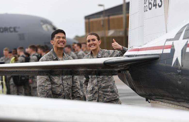 Kyle Enriquez and Kathryn Warner, University of West Florida Air Force ROTC cadets, pose for a photo while viewing static displays during the fifth annual Pathways to Blue on Keesler Air Force Base, Mississippi, April 5, 2019. Pathways to Blue is a diversity outreach event hosted by Second Air Force with the support of the 81st Training Wing and the 403rd Wing. More than 250 cadets from 12 different colleges and universities were provided hands-on demonstrations of various career fields. (U.S. Air Force photo by Kemberly Groue)