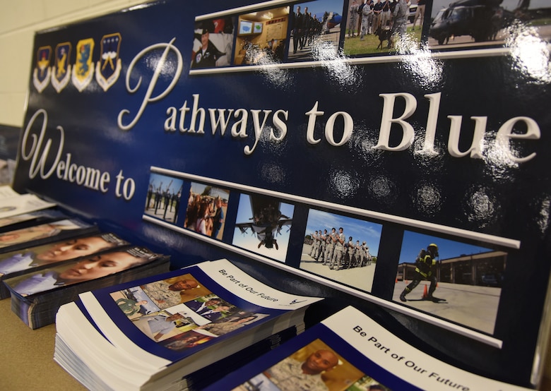 A poster is on display during the fifth annual Pathways to Blue on Keesler Air Force Base, Mississippi, April 5, 2019. Pathways to Blue is a diversity outreach event hosted by Second Air Force with the support of the 81st Training Wing and the 403rd Wing. More than 250 cadets from 12 different colleges and universities were provided hands-on demonstrations of various career fields. (U.S. Air Force photo by Kemberly Groue)