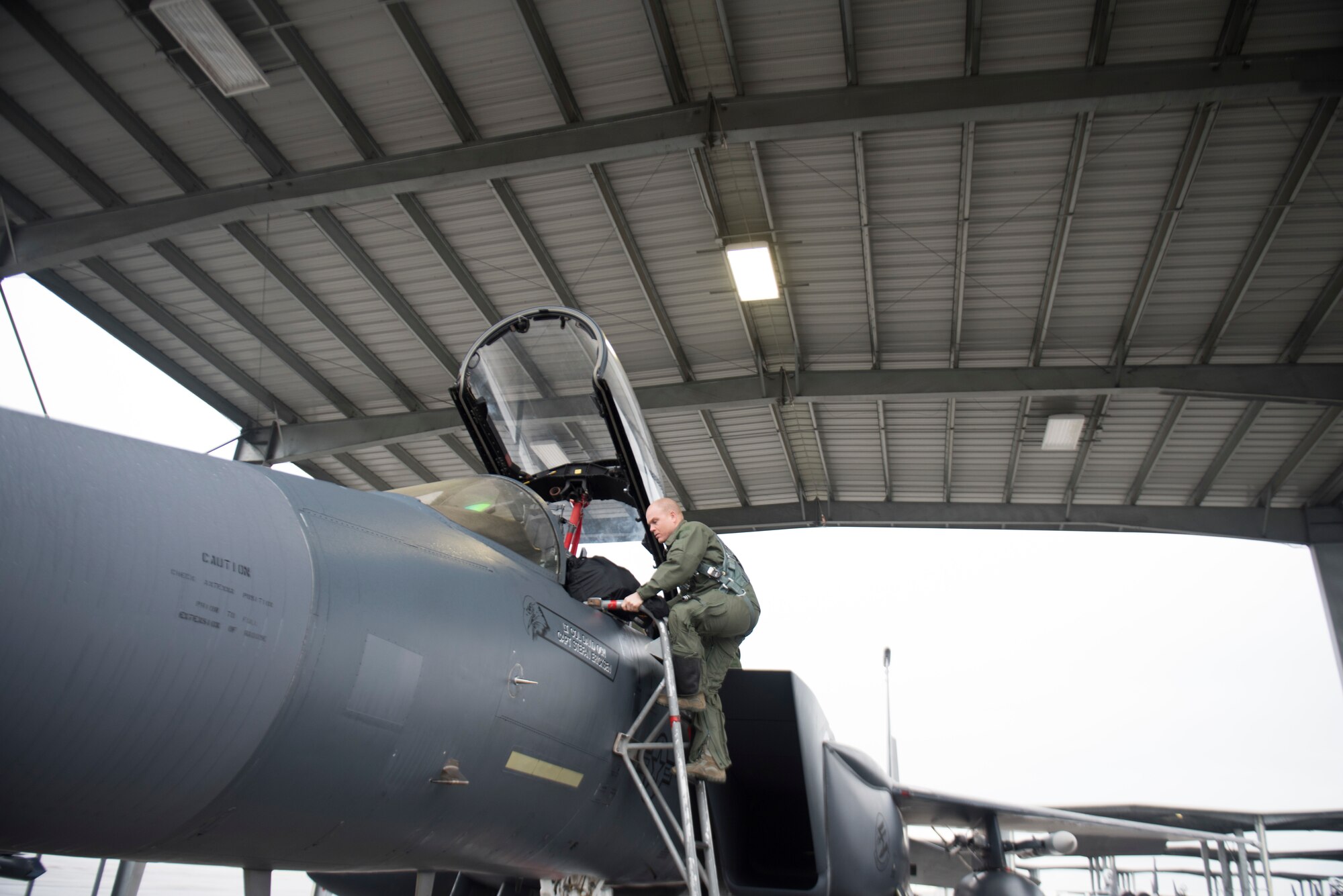 Image of Lt. Col. Thomas Bean, 366th Fighter Wing Inspector General and F-15E instructor pilot, prepares to step into an F-15E Strike Eagle, April 3, 2019, at Mountain Home Air Force Base, Idaho. Bean is participating in the quarterly exercise Gunfighter Flag. Bean is a participant of Gunfighter Flag, a quarterly exercise designed to strengthen and combine mission capabilities. (U.S. Air Force photo by Senior Airman Alaysia Berry)