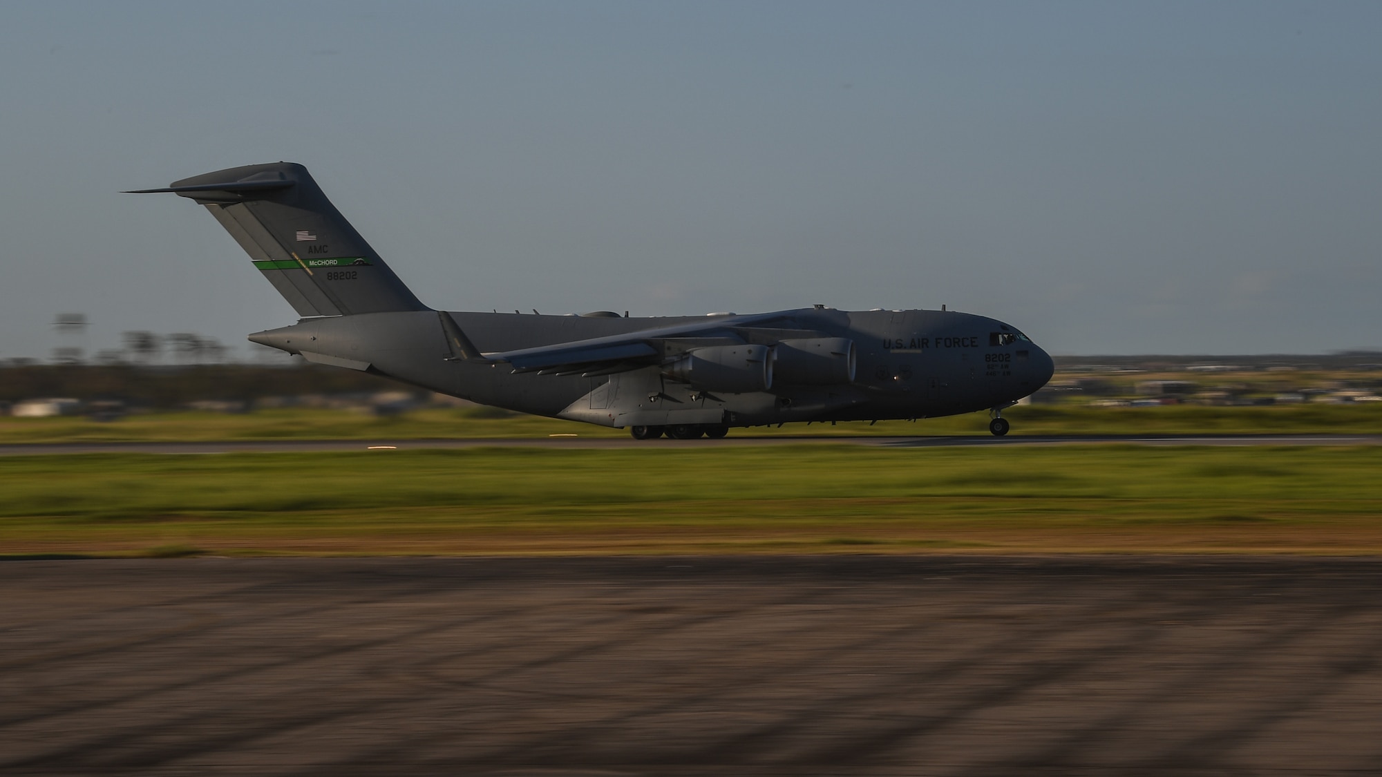 A C-17 Globemaster III departs Beira Airport, Mozambique, April 2, 2019, after delivering relief supplies, equipment and personnel supporting Combined Joint Task Force-Horn of Africa (CJTF-HOA) for the U.S. Department of Defense’s (DoD) relief effort in the Republic of Mozambique and surrounding areas following Cyclone Idai. Teams from CJTF-HOA, which is leading DoD support to relief efforts in Mozambique, began immediate preparation to respond following a call for assistance from the U.S. Agency for International Development’s Disaster Assistance Response Team. (U.S. Air Force photo by Staff Sgt. Corban Lundborg)