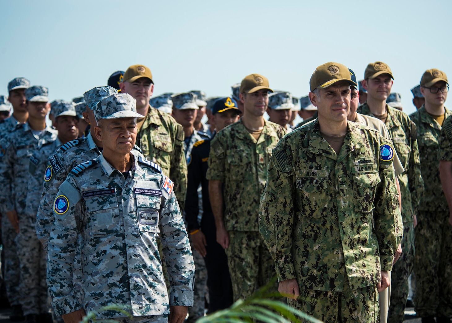 PHUKET, THAILAND (April 7, 2019) - Capt. Matt Jerbi, commodore, Destroyer Squadron SEVEN, right, stands alongside Royal Thai Navy (RTN) Capt. Samarn Khunthapong, left, during the opening ceremony for Guardian Sea 2019 on the flight deck of RTN frigate HTMS Bhumibol Adulyadej (FFG 471). Guardian Sea
is a premier exercise that demonstrates both navies commitment to ensuring that they are ready to counter any threats together.