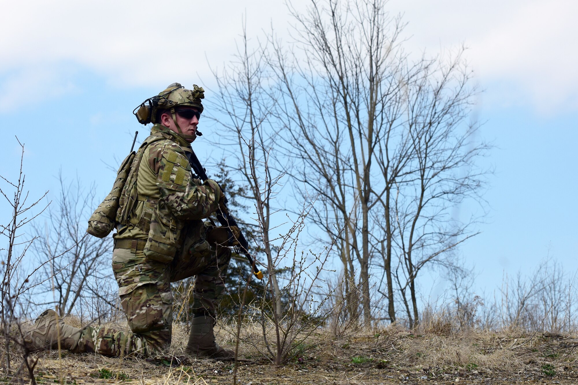 Senior Airman Lucas Morrison, 148th Air Support Operations Squadron, 193rd Special Operations Wing, participates in a Tactical Combat Casualty Care Field Training Exercise April 6, 2019, at Fort Indiantown Gap, Annville, Pennsylvania. Morrison and fellow Airmen participating in the FTX completed three different timed scenarios in which they moved tactically through a series of unpredicted “ambushes.” (U.S. Air National Guard photo by Staff Sgt. Rachel Loftis)