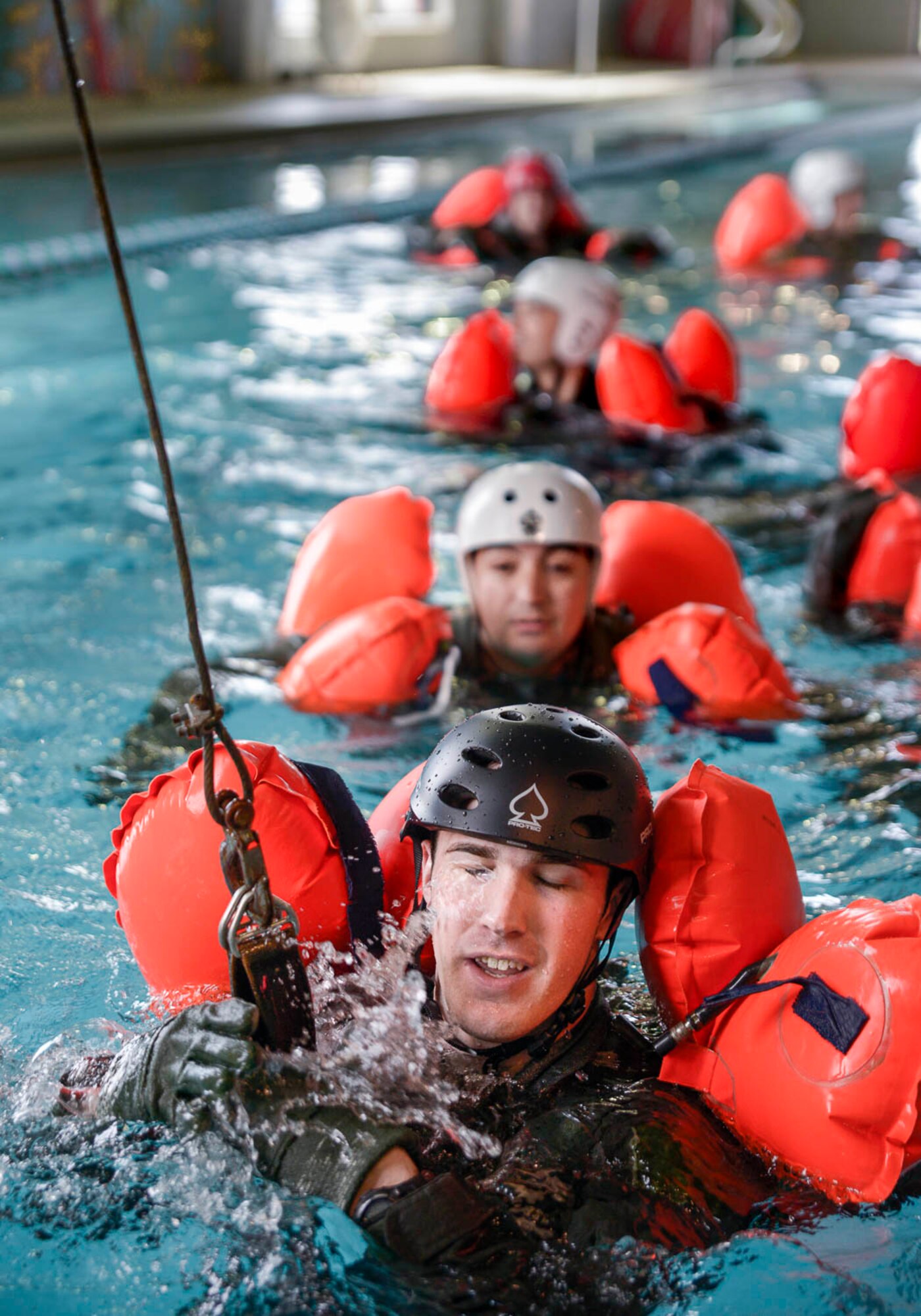 Team Little Rock aircrew members participated in Water Survival training taught by Survival, Evasion, Resistance and Escape instructors April 6, 2019, at the Jacksonville Community Center, Jacksonville, Arkansas