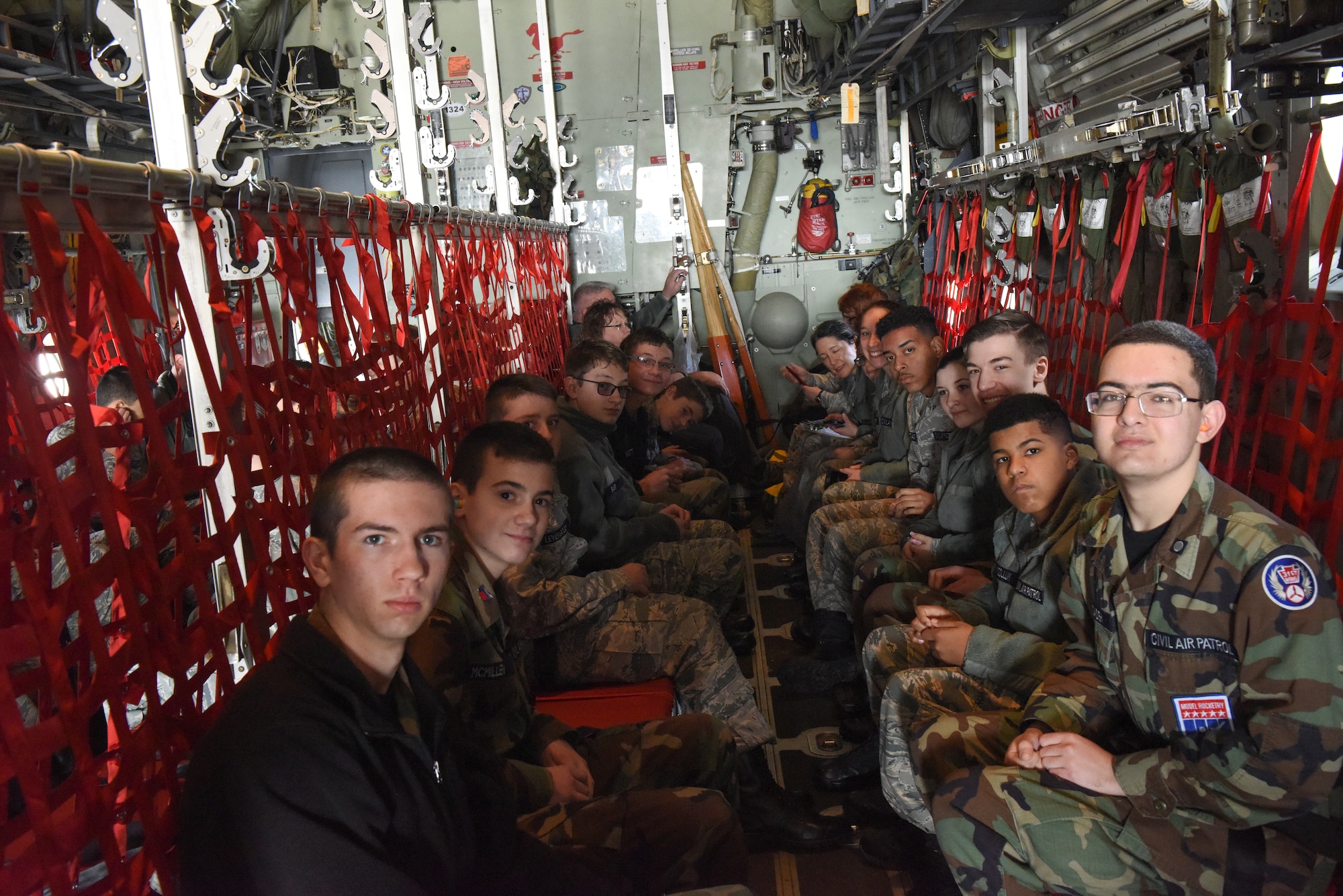 Civil Air Patrol cadets from local squadrons, along with their leadership, participate in a familiarization orientation flight on an EC-130J Super J aircraft April 6, 2019, at the 193rd Special Operations Wing, Middletown, Pennsylvania. Orientation flights are conducted for groups that typically have an aviation-related mission in order to familiarize them with Air Force aircraft and missions. (U.S. Air National Guard photo by Staff Sgt. Julia Sorber/Released)