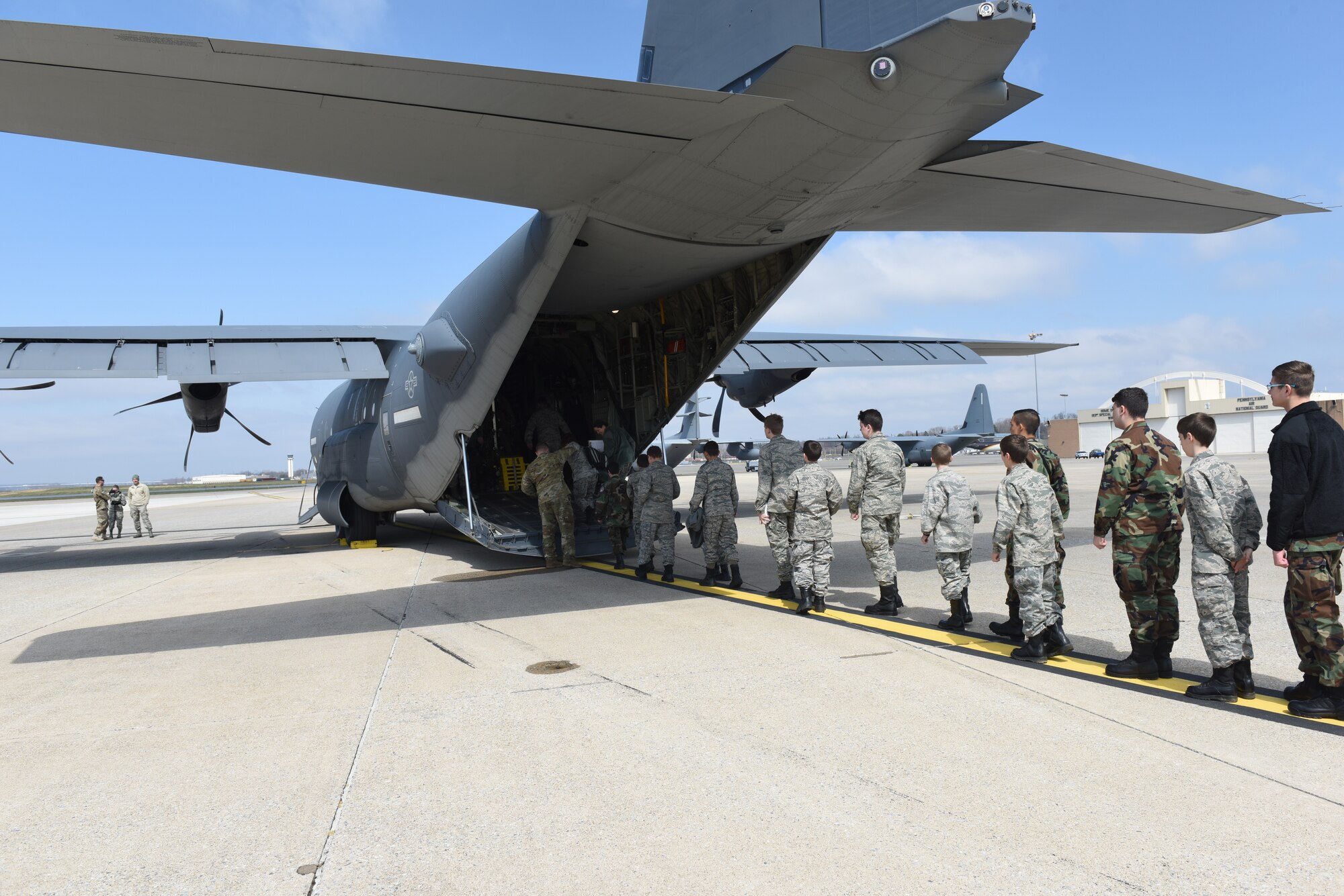 Civil Air Patrol cadets from local squadrons, along with their leadership, participate in a familiarization orientation flight on an EC-130J Super J aircraft April 6, 2019 at the 193rd Special Operations Wing, Middletown, Pennsylvania. The 41 members that participated in the orientation flight came from three CAP squadrons, to include Harrisburg International Composite Squadron 306, Lebanon Composite Squadron 307 and Reading Composite Squadron 811. (U.S. Air National Guard photo by Staff Sgt. Julia Sorber/Released)