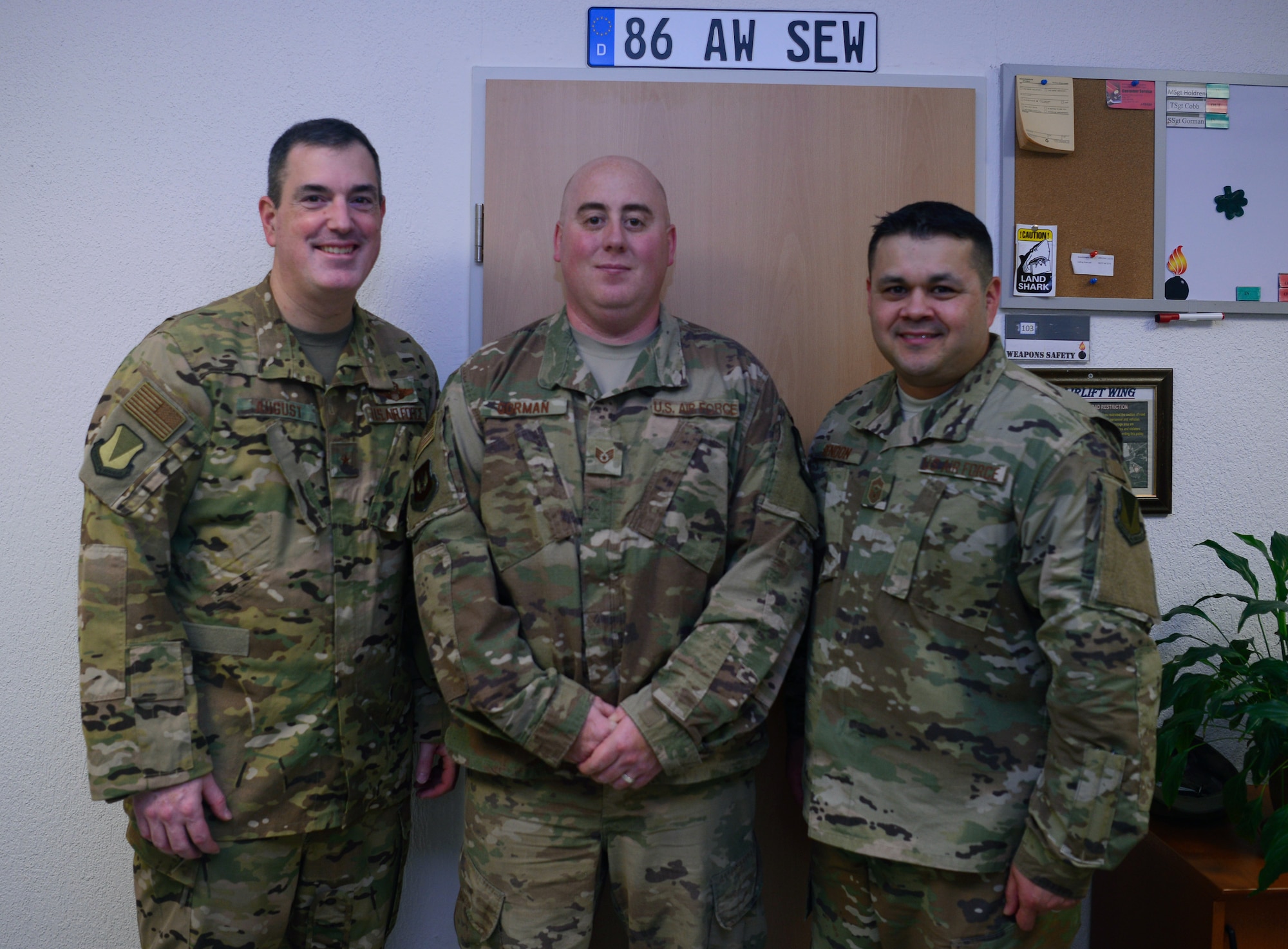 U.S Air Force Staff Sgt. Cody P. Gorman, 86th Airlift Wing Safety Office weapons safety manager is recognized as Airlifter of the Week by Brig. Gen. Mark R. August, 86th Airlift Wing commander, and Command Chief Master Sgt. Ernesto Rendon, 86th Airlift Wing command chief, on Ramstein Air Base, Germany, April 4, 2019. Gorman was recognized for encompassing Air Force values and excelling above his peers.