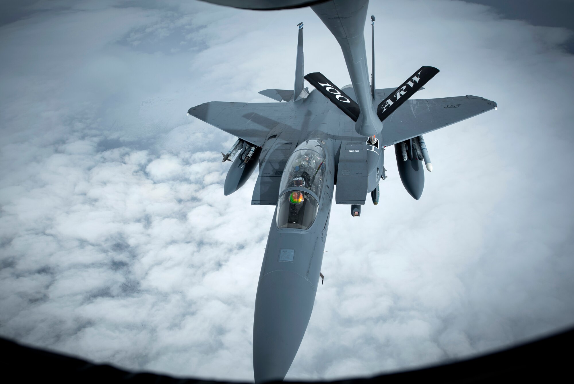 A U.S. Air Force F-15E Strike Eagle assigned to the 492nd Fighter Squadron at RAF Lakenheath, England, receives fuel from a KC-135 Stratotanker from the 100th Air Refueling Wing, RAF Mildenhall, England, over Scotland during exercise Joint Warrior 19-1, April 4, 2019.  Joint Warrior is a U.K.-led multinational exercise that involves numerous warships, aircraft, marines and troops.  (U.S. Air Force photo by Tech. Sgt. Emerson Nuñez)