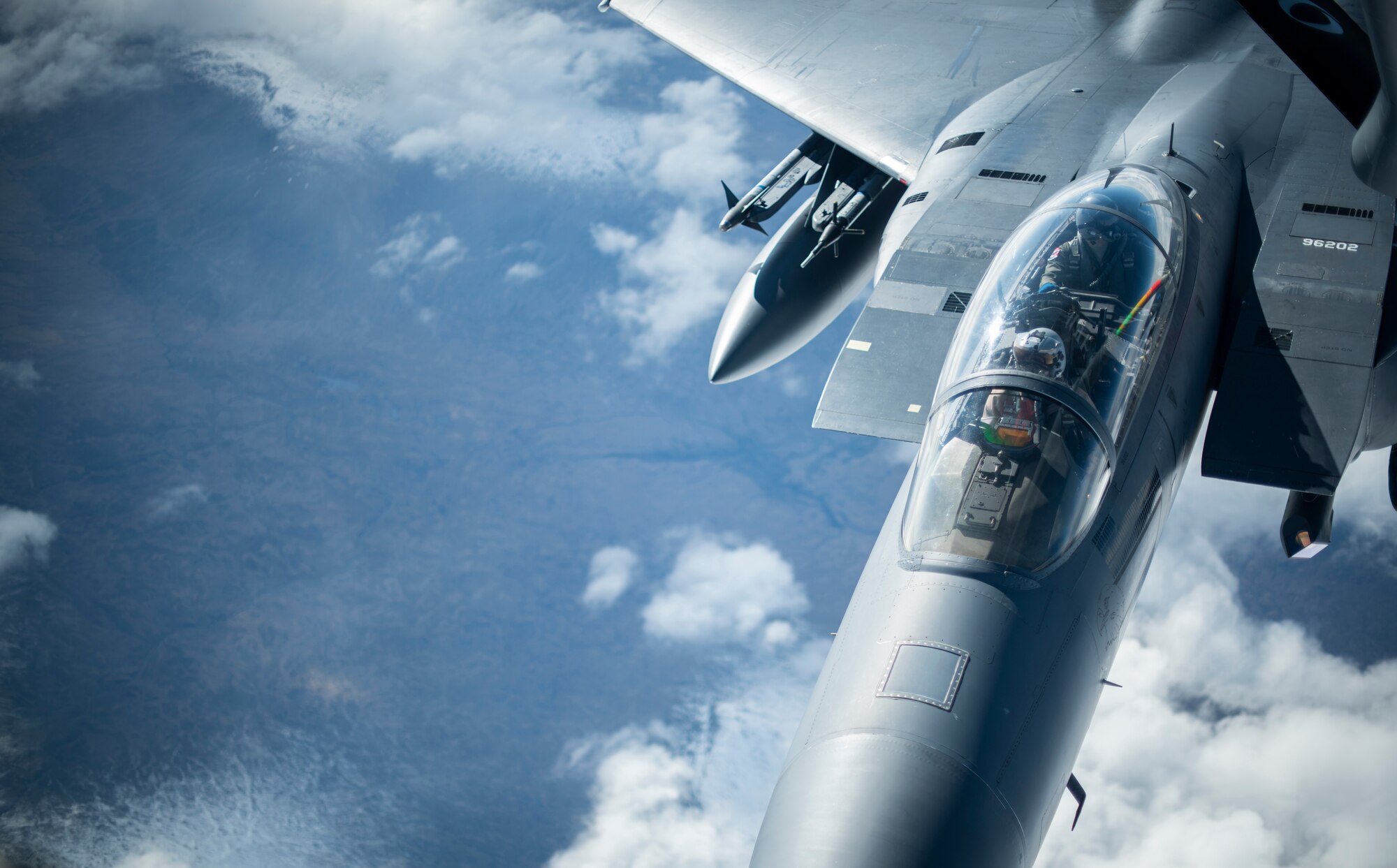A U.S. Air Force F-15E Strike Eagle assigned to the 492nd Fighter Squadron at RAF Lakenheath, England, receives fuel from a KC-135 Stratotanker from the 100th Air Refueling Wing, RAF Mildenhall, England, over Scotland during exercise Joint Warrior 19-1, April 4, 2019. Joint Warrior is a U.K.-led multinational exercise that involves numerous warships, aircraft, marines and troops. (U.S. Air Force photo by Tech. Sgt. Emerson Nuñez)