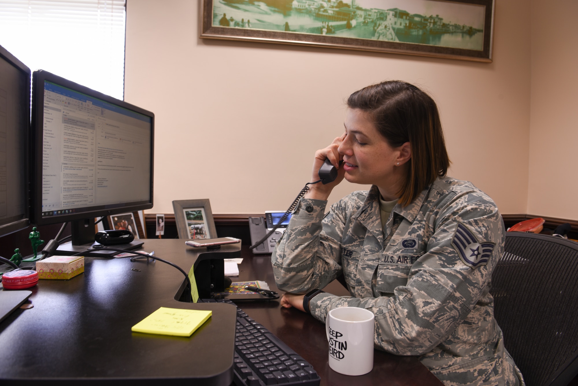 Staff Sgt. Ashley Register, 39th Air Base Wing Command chief executive assistant, answers a phone call March 19, 2019, at Incirlik Air Base, Turkey.