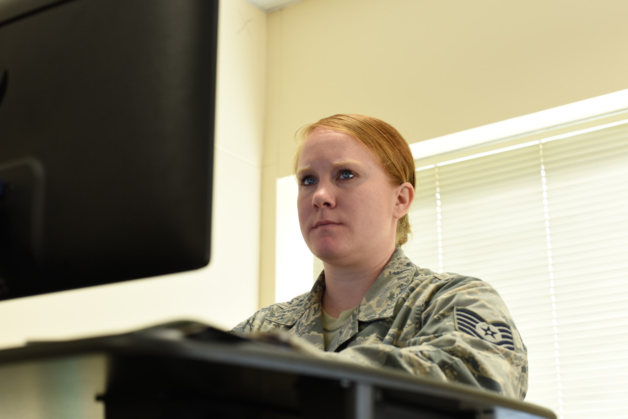 Tech Sgt. Cara Montgomery, 39th Air Base Wing plans and programs NCO in charge, schedules and coordinates an event at her work station March 18, 2019, at Incirlik Air Base, Turkey.