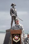 Chief Master Sgt. David Stevens, incoming command chief for the 167th Airlift Wing, speaks at the change of responsibility ceremony at the 167th Airlift Wing in Martinsburg, W.Va. (U.S. Air National Guard photo by Staff Sgt. Jodie Witmer)