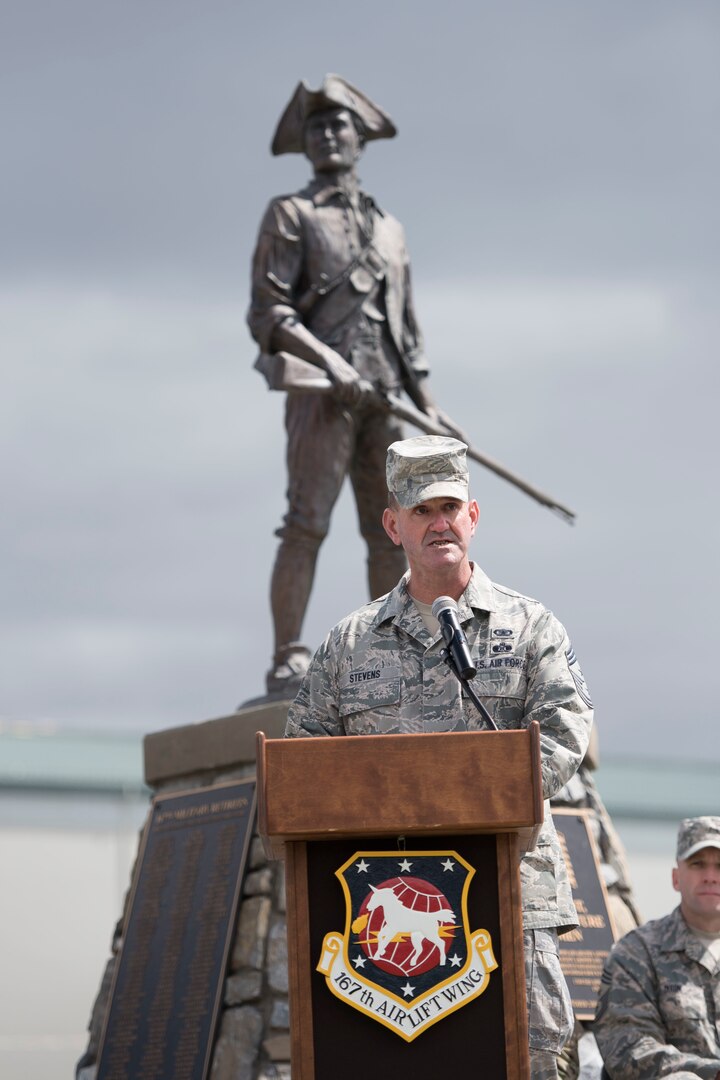 Chief Master Sgt. David Stevens, incoming command chief for the 167th Airlift Wing, speaks at the change of responsibility ceremony at the 167th Airlift Wing in Martinsburg, W.Va. (U.S. Air National Guard photo by Staff Sgt. Jodie Witmer)