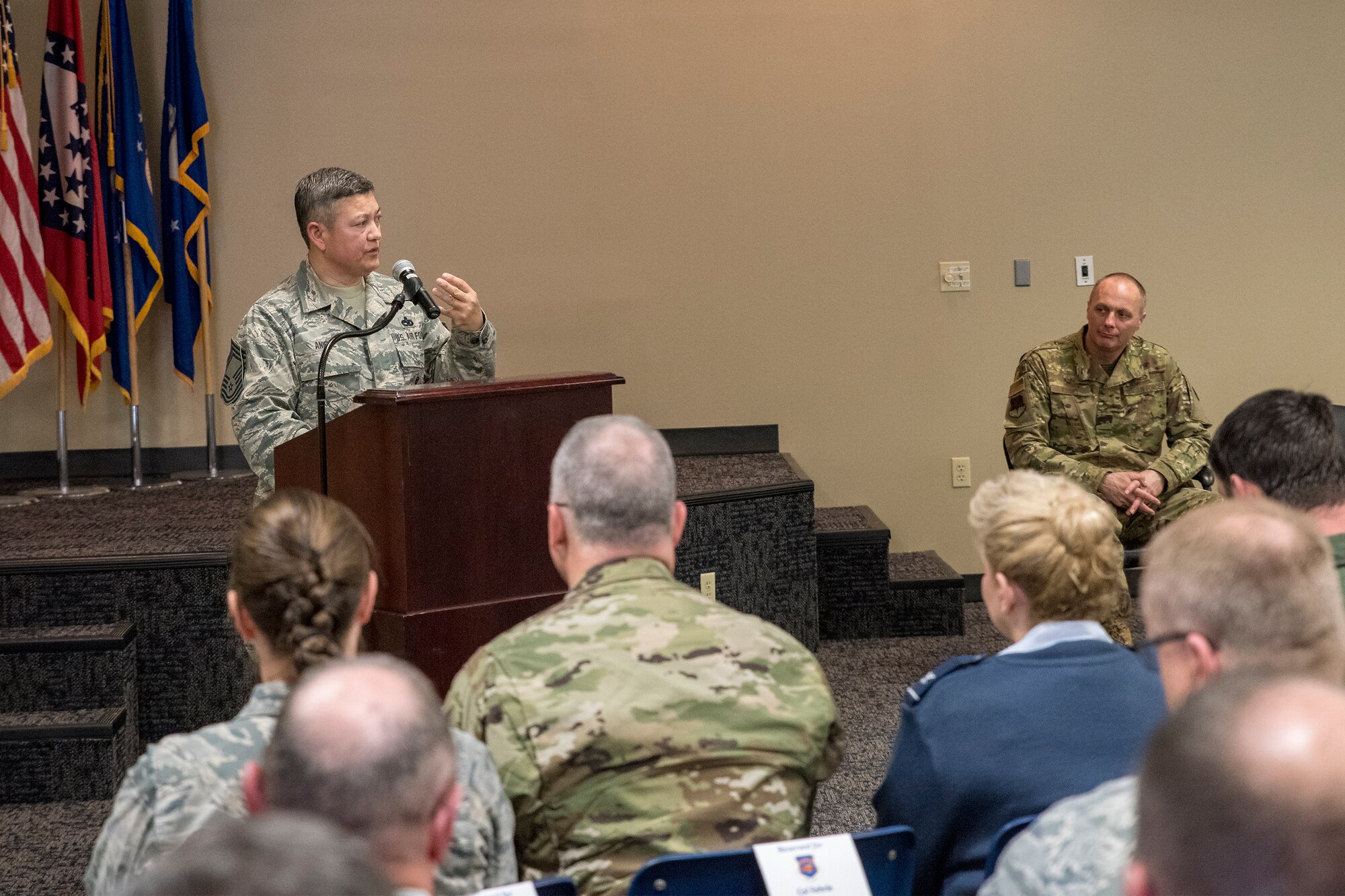 Chief Master Sgt. Brian Anible, 188th wing staff first sergeant, delivers remarks during a promotion ceremony held at Ebbing Air National Guard Base, Ark., April 7, 2019. Anible has served in the Air Force for 29 years, 26 of those with the Arkansas Air National Guard. (U.S. Air National Guard photo by Tech. Sgt. John E. Hillier)