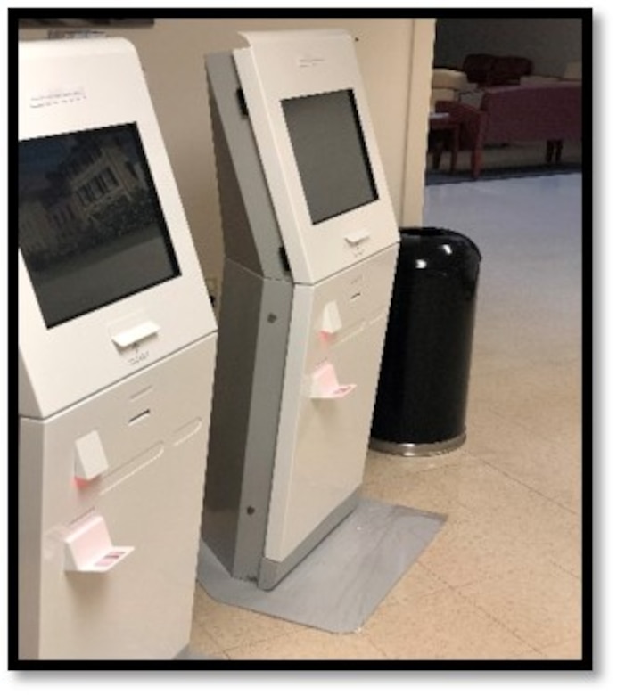 The Q-flow automated kiosks at the newly renovated 628th Medical Group Pharmacy will enable patients to check-in at the pharmacy without having to wait in line.