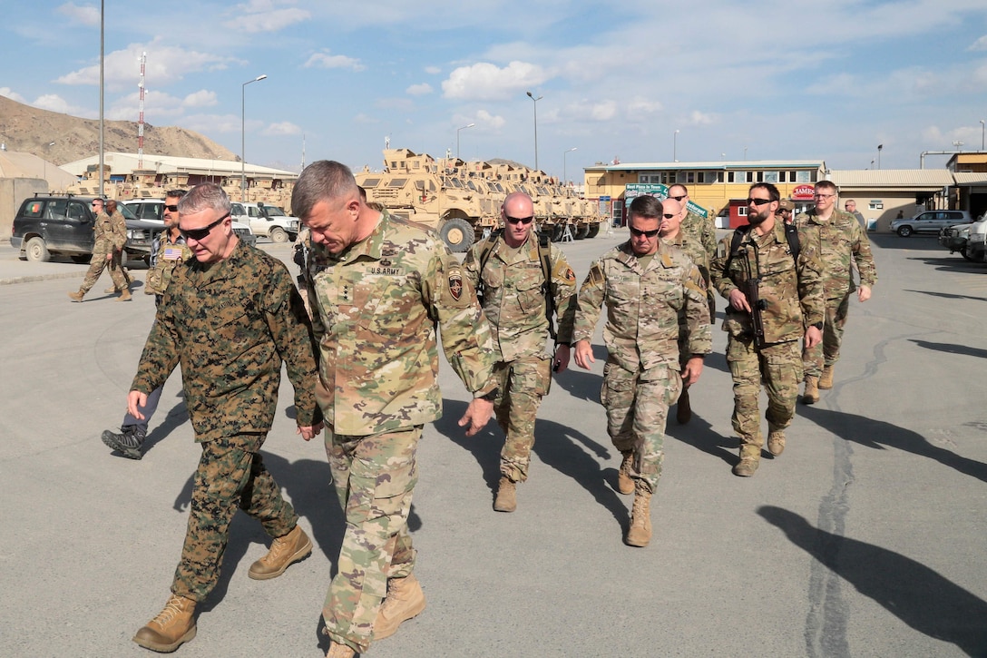 U.S. Marine Corps Gen. Kenneth F. McKenzie Jr., U.S. Central Command commander, left, meets with Gen. Austin Scott Miller, Resolute Support Mission commander, and U.S. Army Lt. Gen. James E. Rainey, commanding general, Combined Security Transition Command – Afghanistan, during his visit to Kabul Afghanistan, April, 5 2019. During the meeting, McKenzie, Miller, and Rainey discussed security and stability in the region. (U.S. Central Command photo by Sgt. Franklin Moore)