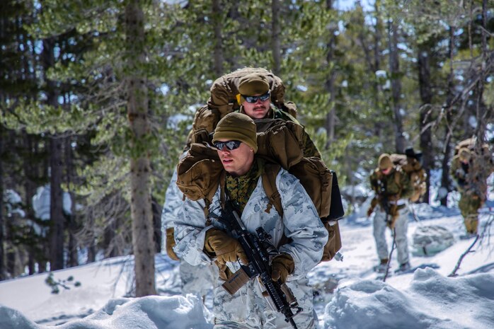 U.S Marines with Company G, 1st Battalion, 6th Marine Regiment, 2nd Marine Division, patrol during Mountain Training Exercise 2-19, at Marine Corps Mountain Warfare Training Center, Bridgeport, Calif., March 24, 2019.  The purpose of MTX is to prepare Marines for harsh weather conditions while enhancing  winter warfare skills in cold weather environments.