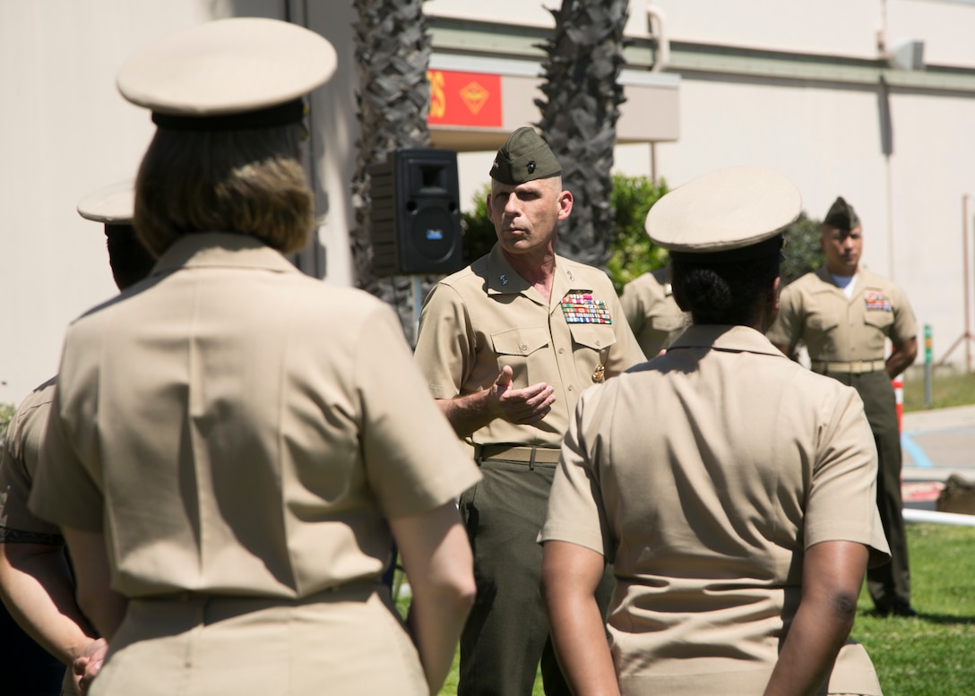 Marine Maj. Gen. Kevin M. Iiams, commanding general of 3rd Marine Aircraft Wing (MAW), speaks to Sailors with 3rd MAW during a cake cutting ceremony in honor of the 226th birthday of chief petty officers at Marine Corps Air Station Miramar, Calif., April 1, 2019. The rank and revered title of chief petty officer has been celebrated annually since its establishment in 1893 to recognize the service of chiefs. Those Sailors who have earned the rank of chief are charged with developing their junior Sailors and instilling them with the core values of the Navy. Chiefs play a critical role in the MAW by providing strong and effective leadership to promote resiliency in Marines and Sailors as part of the commitment to “Fix, Fly, Fight” in future defense of the nation. (U.S. Marine Corps photo by Lance Cpl. Julian Elliott-Drouin)